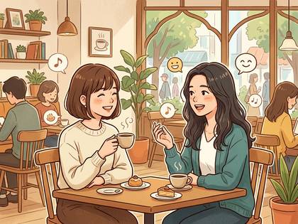 カフェで飲み物片手に笑顔で会話する2人の女性。