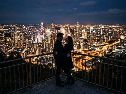都市の美しい夜景を背景に、見つめ合い寄り添うカップル。