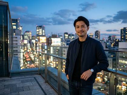 都会の夜景を背景に、屋上テラスで微笑む男性。