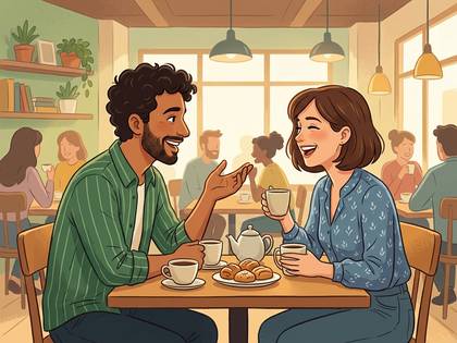 カフェで男女が向かい合って笑顔で談笑している様子。 (23文字)