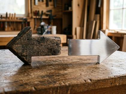 木製の矢印と金属製の矢印が作業台の上で向き合っている。