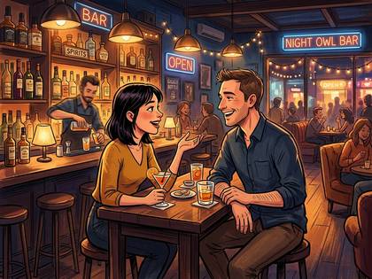 バーで男女が楽しく会話。バーテンダーがドリンクを作る。