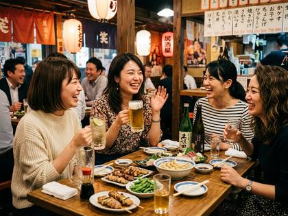 日本の居酒屋で、笑顔で食事と会話を楽しむ女性たち。