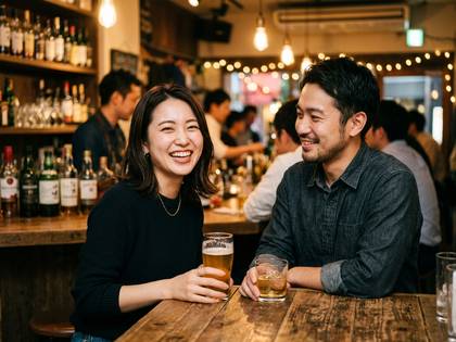 バーで笑顔で飲み物を楽しむ男女。