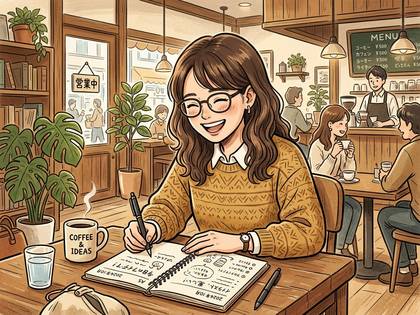 カフェで笑顔の女性が、ノートにペンで何かを書き込んでいるイラスト。