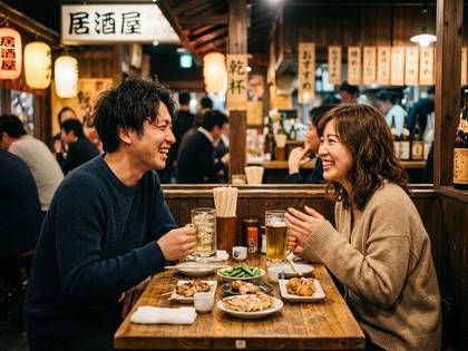 居酒屋で食事と会話を楽しむ笑顔の男女。