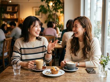カフェで笑顔で談笑する2人の女性。コーヒーとマフィンがテーブルに並ぶ。