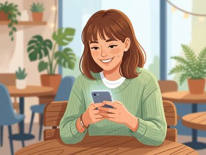 カフェで楽しそうにスマホを使う笑顔の女性。
