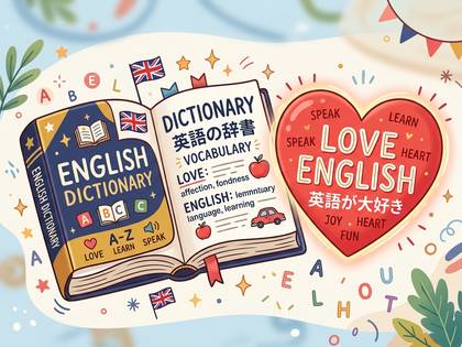 英語辞書と「LOVE ENGLISH」のハートが描かれた学習イラスト。