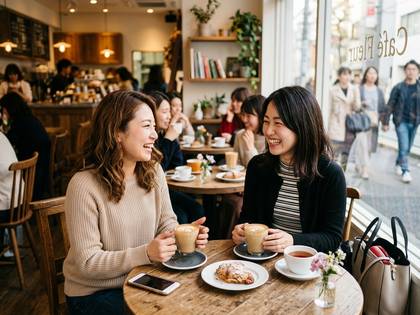 コーヒーを片手にカフェで談笑する女性二人。