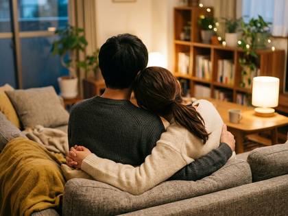 温かい部屋のソファで、寄り添ってくつろぐカップルの後ろ姿。
