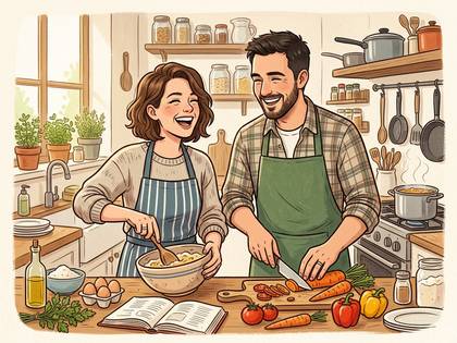 キッチンで笑顔の男女が一緒に料理を楽しむイラスト。