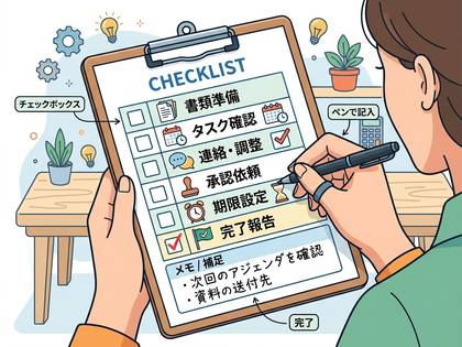 女性がチェックリストにペンでチェックを入れる様子。タスク管理と効率化のイラスト。