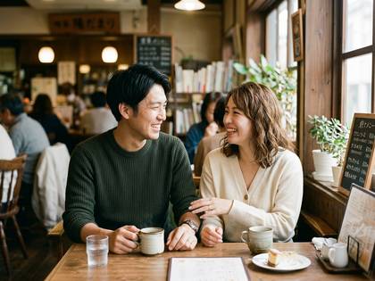 カフェで笑顔で会話を楽しむカップル。