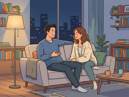 夜のリビングで、ソファに座って穏やかに会話する男女のイラスト。