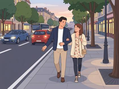 夕方の街路を歩くカップル。