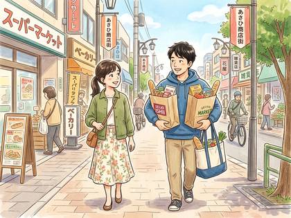 笑顔で商店街を歩く若い男女。食料品が入った買い物袋を提げている。
