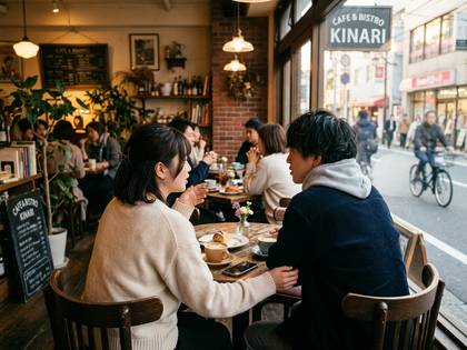 カフェ「KINARI」の店内で会話する人々、窓の外には賑やかな街並みが広がる。