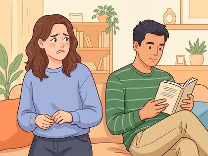 不安そうな表情の女性と、読書に没頭する男性のイラスト。