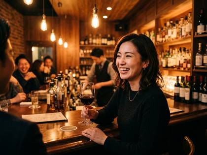 バーカウンターでワイングラスを持ち、笑顔を見せる女性。