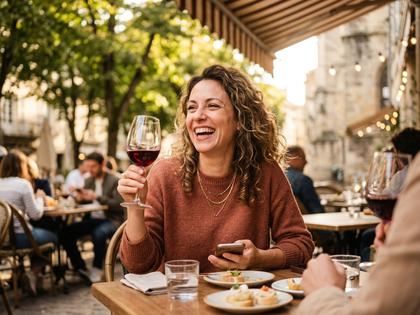 ワイングラスを片手に楽しそうに笑っている女性のイメージ