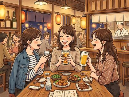 居酒屋で3人の女性が飲み物を片手に笑顔で談笑。
