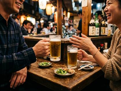 居酒屋で笑顔でビールを楽しむ男女。