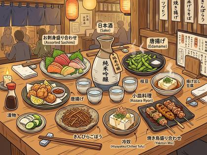 居酒屋のテーブルに並ぶ様々な和食と日本酒。
