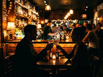 薄暗いバーでワイングラスを手に語り合う男女のシルエット。奥に賑わう店内が見える。
