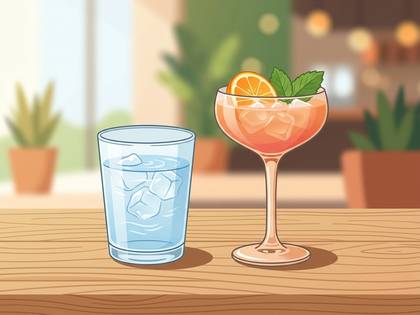 木製テーブルに、氷水とオレンジとミントの入ったカクテルが並んでいます。