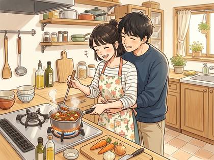 キッチンで幸せそうに料理する若いカップル。男性が女性を後ろから抱きしめている。