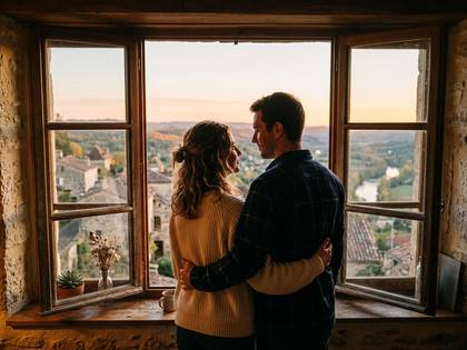 窓辺で夕焼けの美しい街並みを眺め、寄り添うカップル。