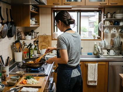 キッチンでフライパンを使い料理をする女性の後ろ姿。