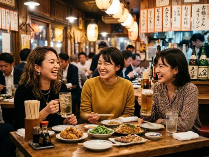 居酒屋で女友達同士が大笑いしているシーン
