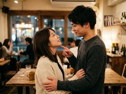 カフェで男性が女性の顎に指を添え、見つめ合う笑顔のカップル。