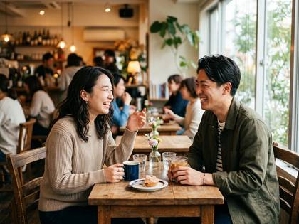 カフェで向かい合って座る男女が、笑顔で談笑し、コーヒーとデザートを楽しんでいる。