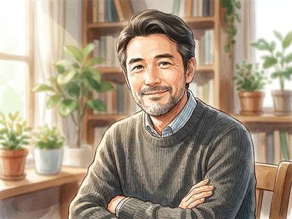 笑顔で腕組みする髭の中年男性。背景には本棚と植物。