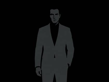 黒い背景に、顔が描かれたグレーのスーツ姿の男性のシルエット。