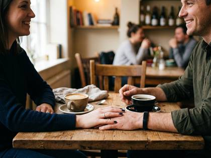 カフェで笑顔の男女がコーヒーを飲みながら手を取り合う親密な時間。