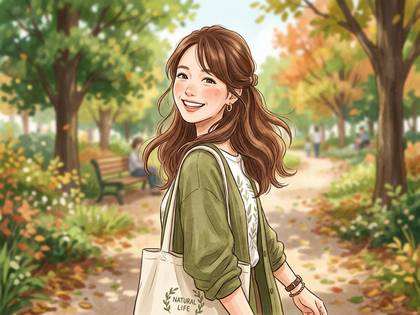 秋の公園で、笑顔の女性がエコバッグを持ち散歩するイラスト。