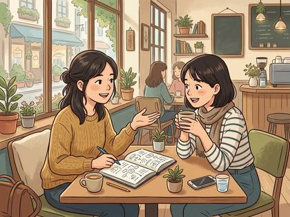 カフェでノートに書く女性とコーヒーを飲む女性。