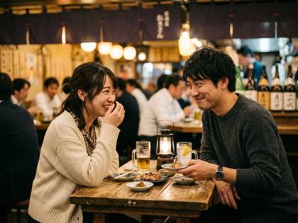 居酒屋で笑顔で会話する男女。