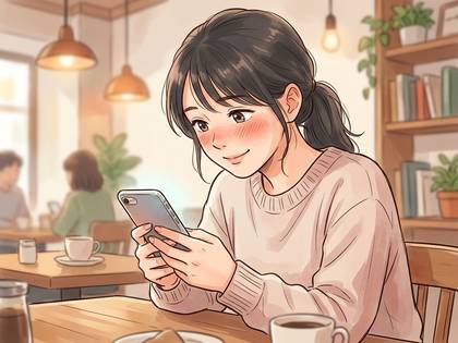 カフェでスマホを見て、頬を赤らめて微笑む女性。