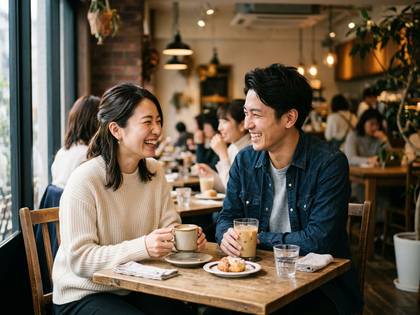 カフェで向かい合い、笑顔で会話を楽しむ男女。飲み物を片手に。