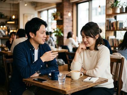 カフェで向かい合って座り、笑顔で会話を楽しむ男女。