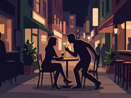 夜の街角、カフェテラスで会話する男女のシルエット。