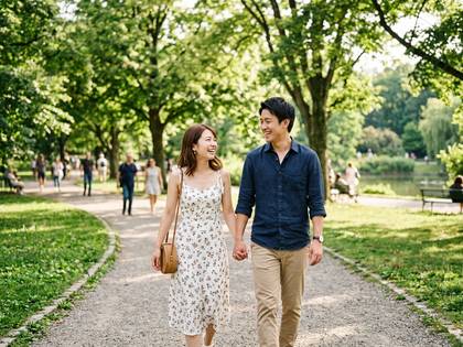 緑豊かな公園の道を、アジア人カップルが笑顔で手をつないで歩いている。
