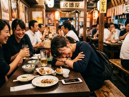 居酒屋でテーブルに突っ伏して笑い転げている女性