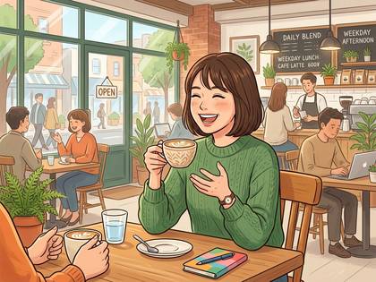笑顔の女性がカフェでコーヒーを片手に談笑し、友人や店員が過ごす賑やかな様子。
