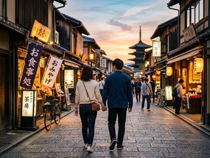 夕暮れ時、日本の伝統的な街並みを五重塔を背景に歩くカップル。